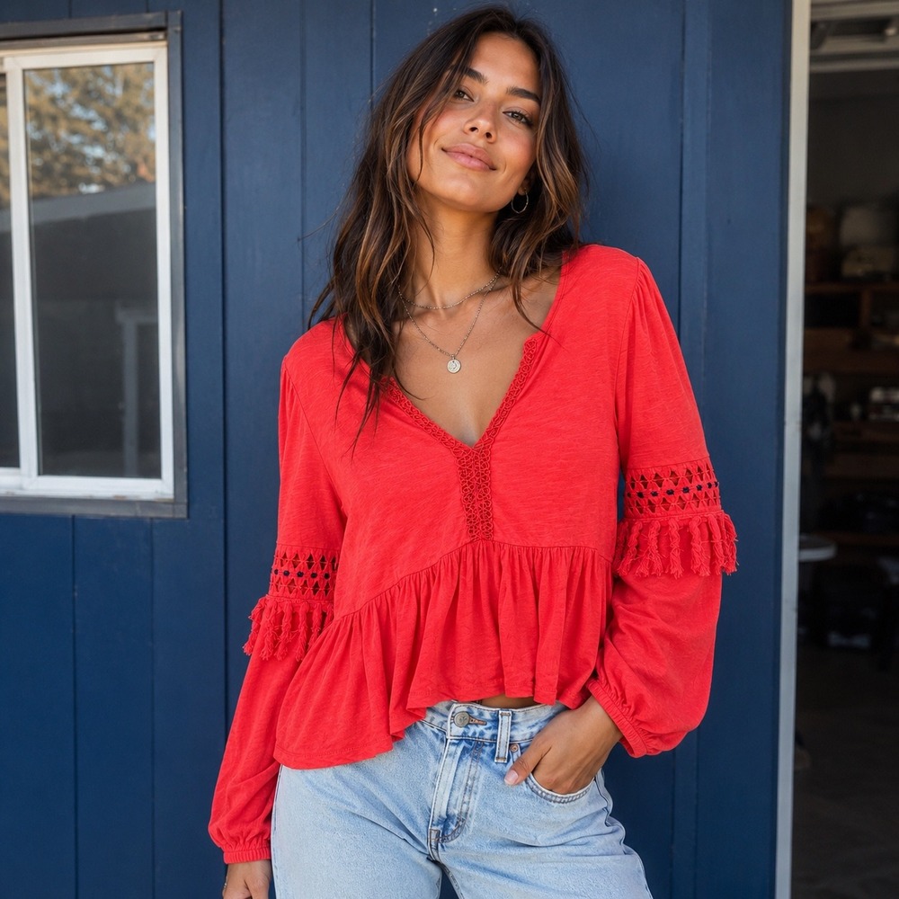 Lucky Brand Womens Red Boho‎ Peplum Top Crochet Fringe Long Sleeve Small
